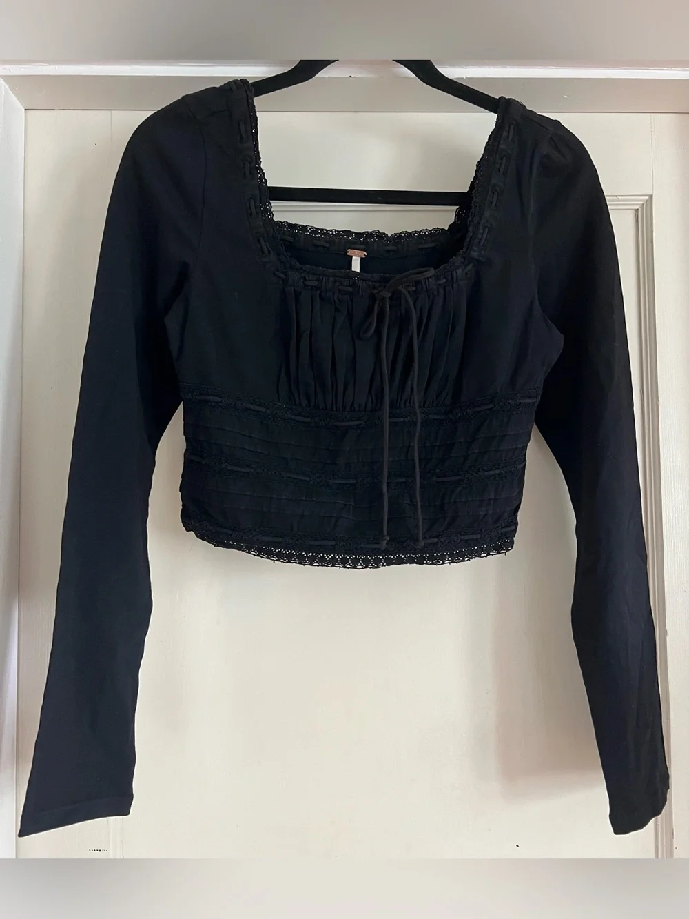 Free People Square Neck Scarlet Smocked Long Sleeve in Black Size Small NWT